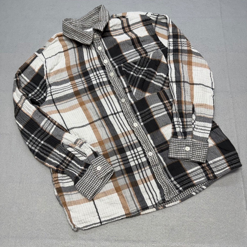 Aerie Women Medium Plaid Button Down Shirt Black Brown White Gauze Long Sleeve